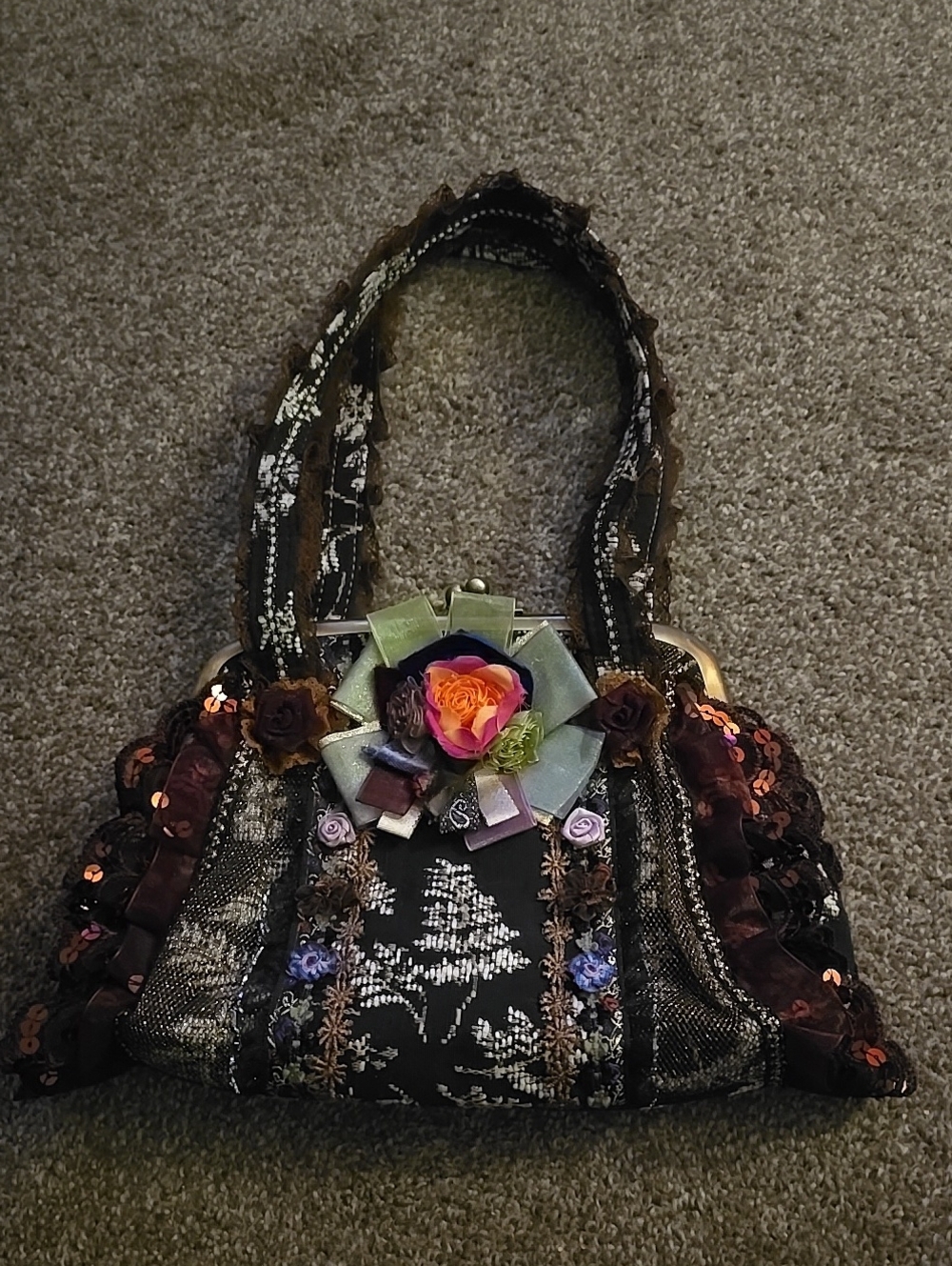 SARINA Floral Embellished Black Evening Handbag